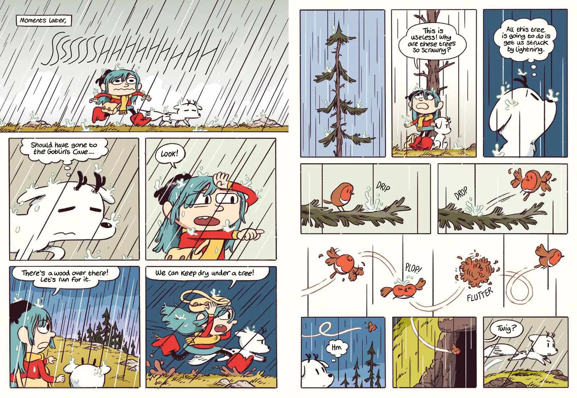 Hilda and Twig Hide from the Rain